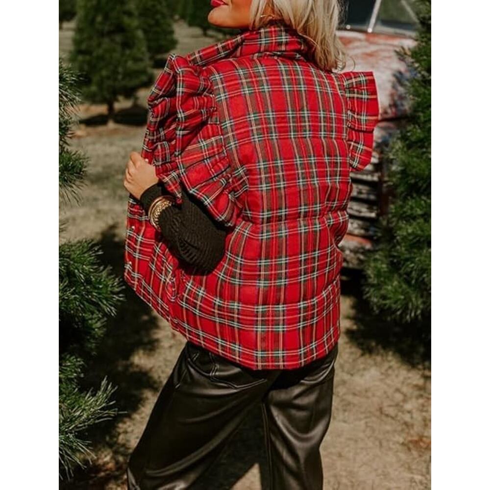 Plaid Puffer Vests Ruffle Sleeveless Lightweight Quilted Vest, Winter Padded, XL - Picture 2 of 6